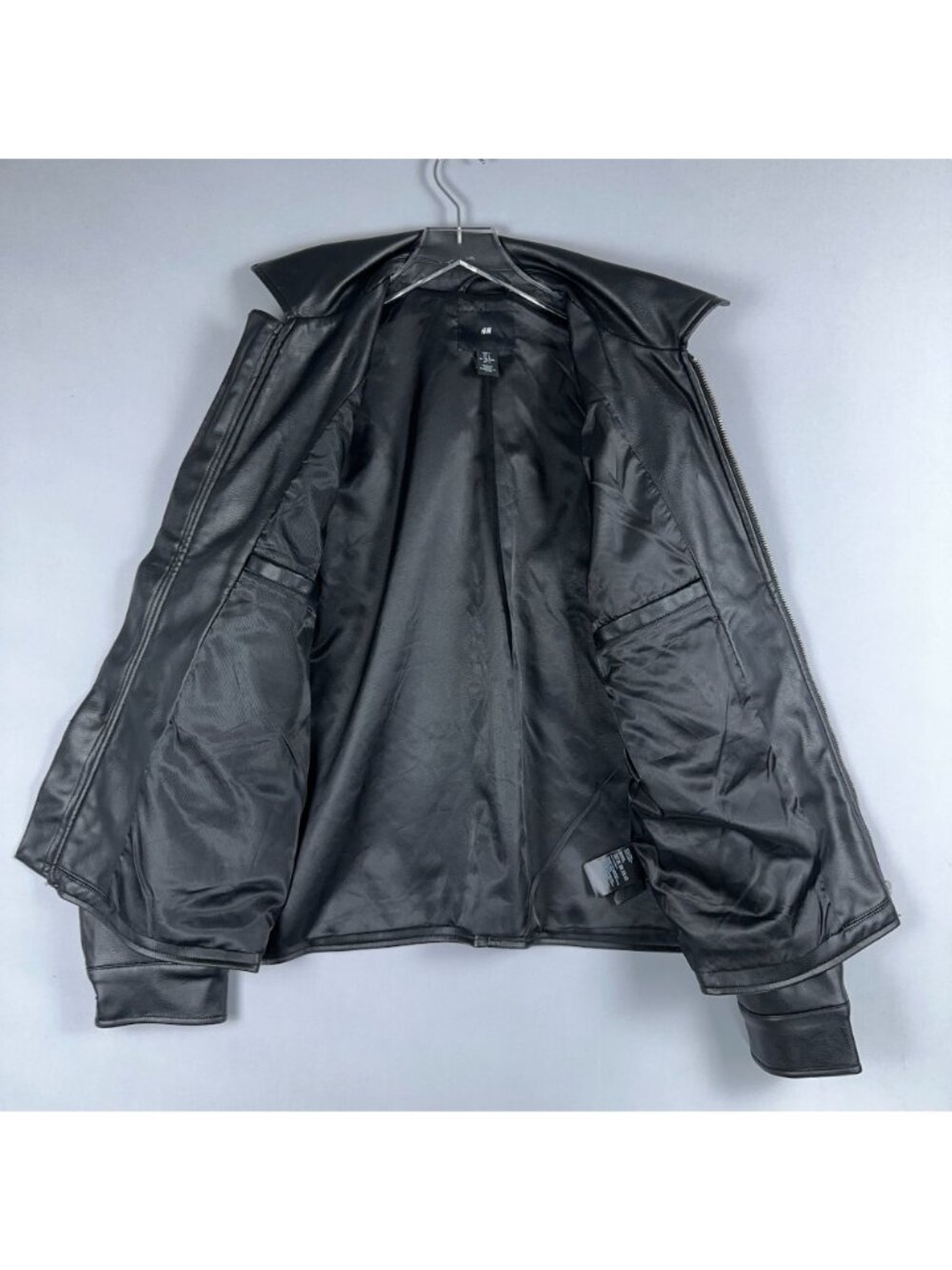 H&M Leather Jacket Coat Mens Size Large Black Zip-Up Front Welt Pockets - Picture 4 of 11